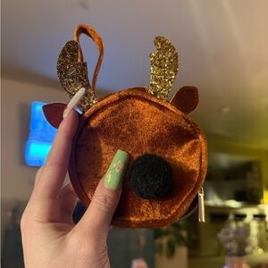 Kids Reindeer Coin Purse - Brown Velvet with Gold Antlers